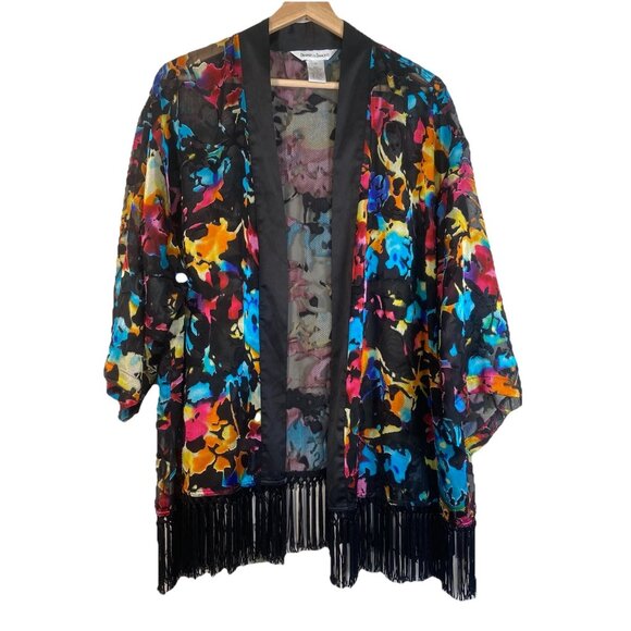 DRAPERS & DAMON KIMONO COVER UP JACKET COAT 1X FRINGE MULTICOLOR FLORAL Boho - Picture 1 of 11